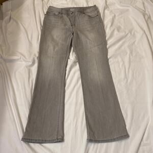 Chicos Womans Ultimate Fit 1.5 (14M) Platinum Gray Jeweled Pockets Flare Jeans